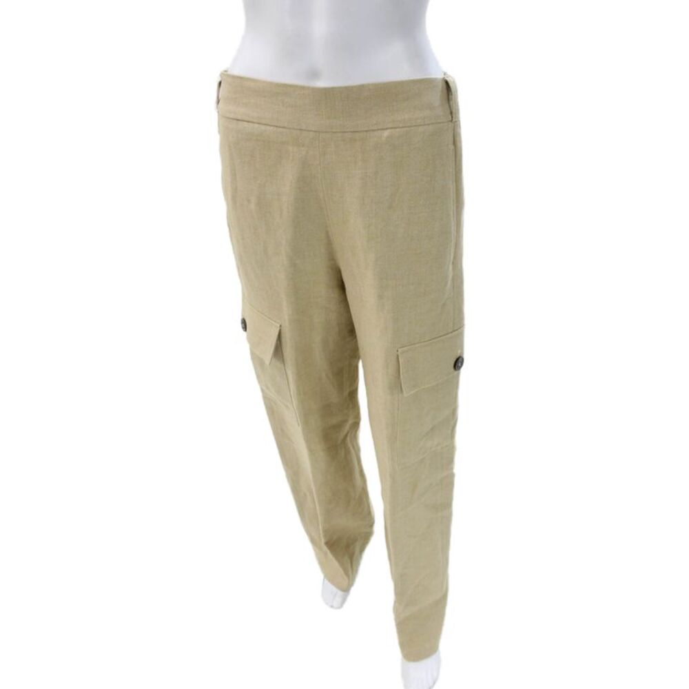 QL2 Women Cargo Linen Pants Beige Button Closure Inseam 32 Size 42